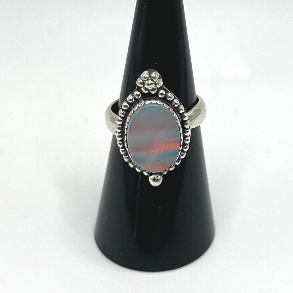 Vintage Style Oval Aurora Opal Beaded Bezel .925 Sterling Silver Statement Ring - Picture 2 of 6